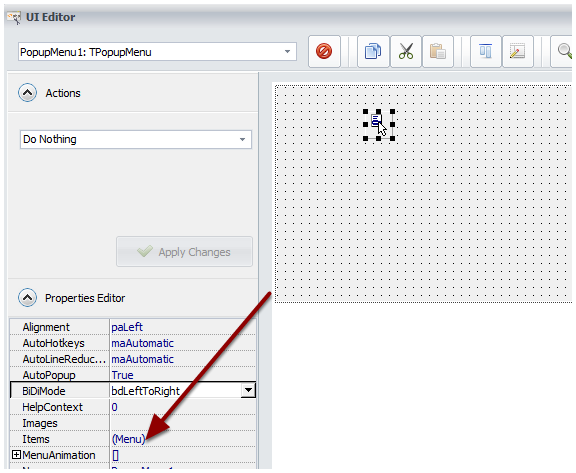 Double-click on (Menu) in Properties Editor