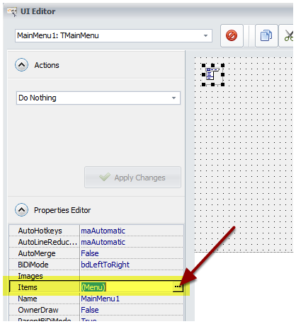 In the Properties Editor, double-click on (Menu) corresponding to the Items property