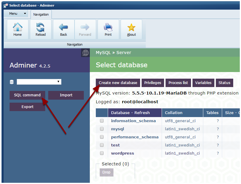 Then choose to create a new database, execute SQL command, import data...