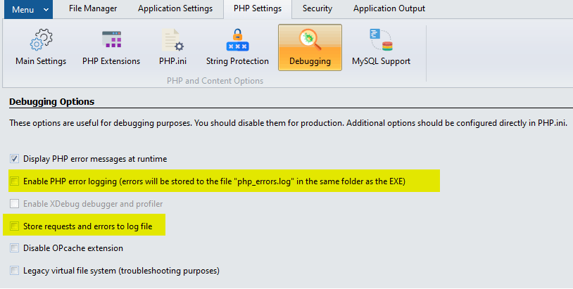 PHP error debug options