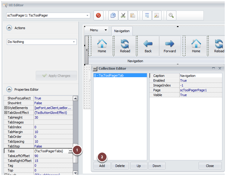 Scroll down and double-click the "Tabs" property to show the Collection Editor. Click Add and a new page will be added.