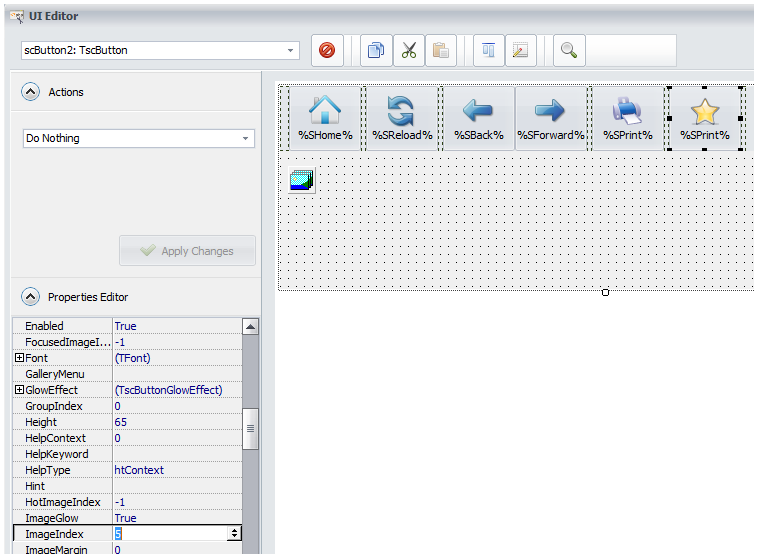 Select the button you want, scroll down the Properties Editor, and set the ImageIndex to the number you memorized (5 here). The image is instantly modified